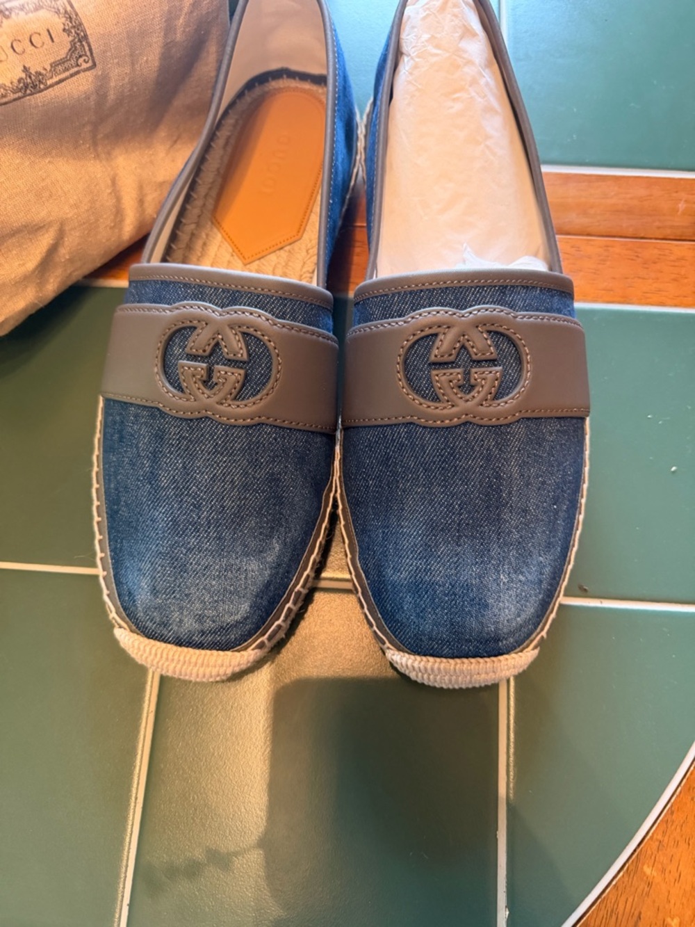 GUCCI Blue Denim Espadrille Slip-Ons with Gray Leather Trim - Picture 8 of 12